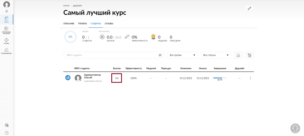 Просмотр баллов в курсе