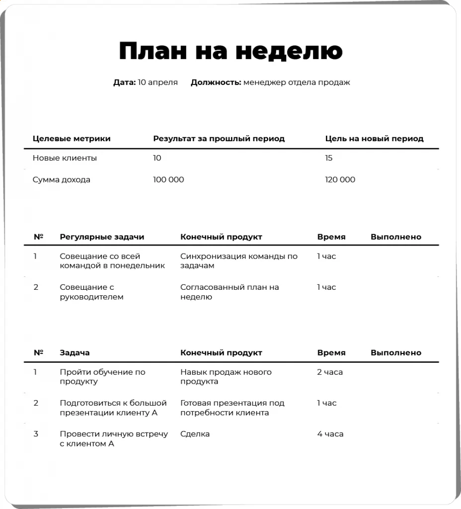 пример плана на неделю